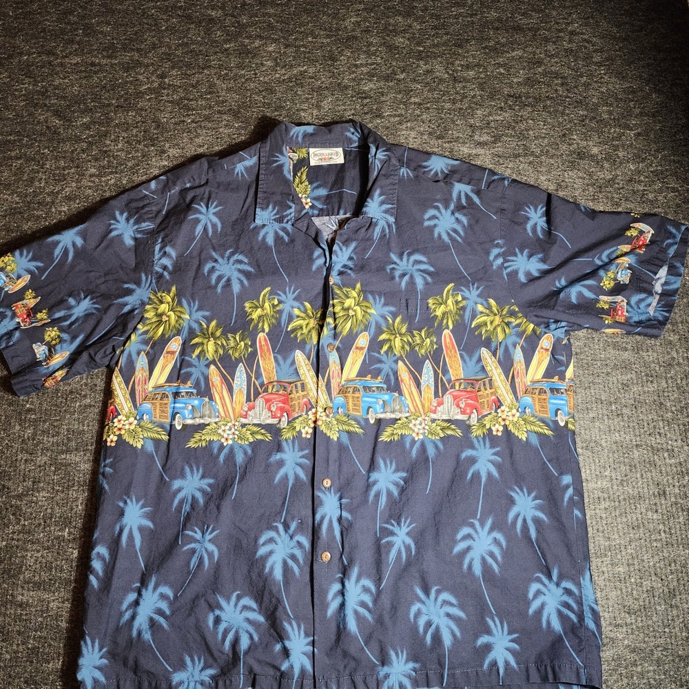 Pacific Legend Hawaiian Shirt Mens 2XL Navy Blue Woody Car Surfboard (D23-1)